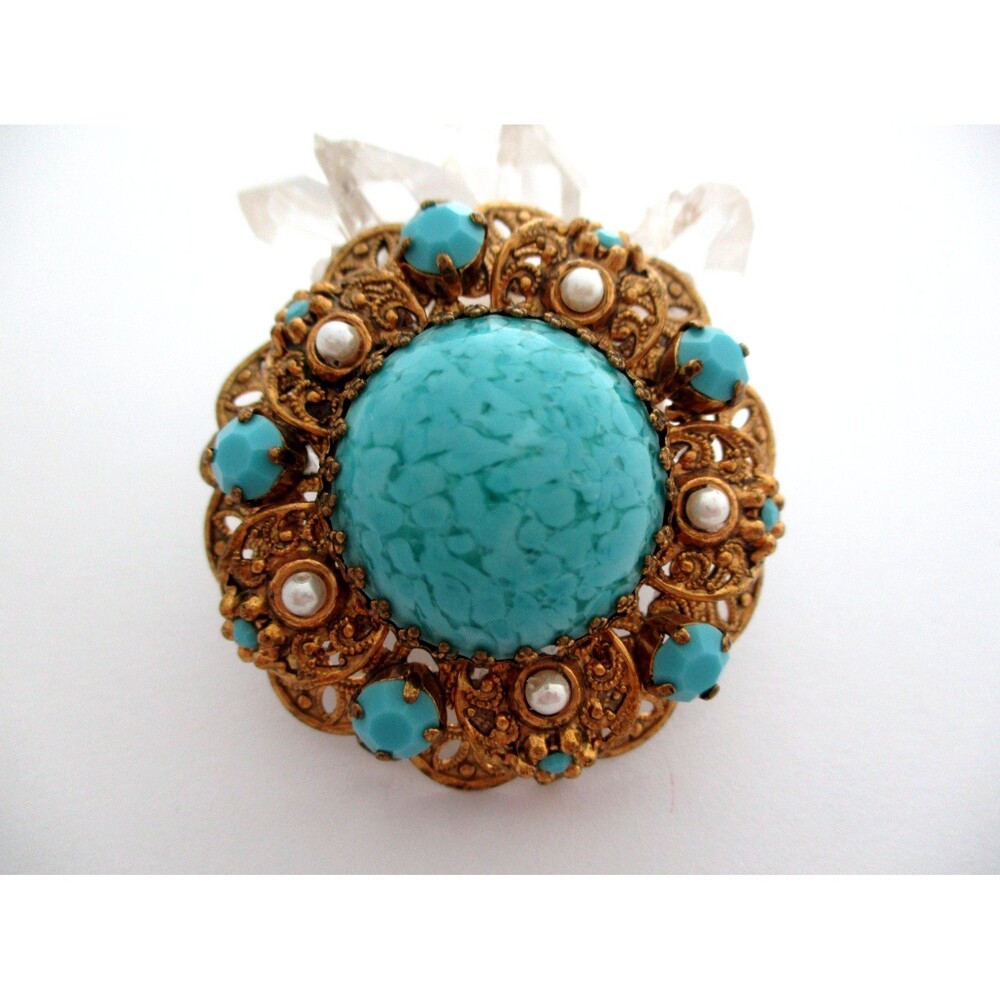 Vintage West  Germany Gold Filigree Turquoise Blue  Pearl Brooch Pin